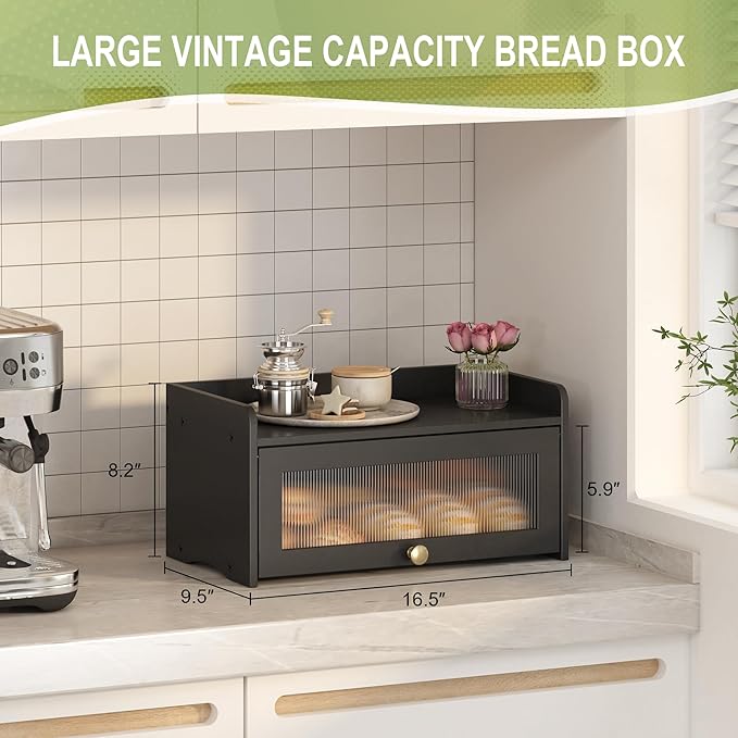 JANSNIMEN Bread Box for Kitchen Countertop, Large Bread Container Storage, Wooden Farmhouse Bread Box with Window Bread Holder (Vintage Black)