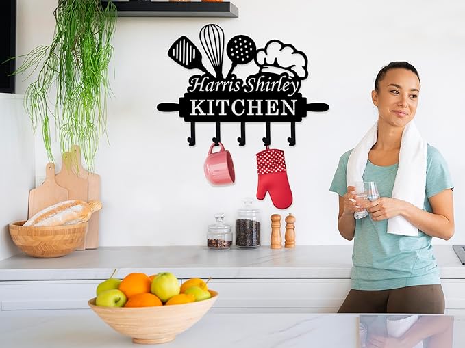 Custom Kitchen Wall Decor, Personalized Kitchen Hook on Wall, Metal Kitchens Hooks for Utensils, Personalized Kitchen Utensil Rack, Custom Name Hook, Kitchens Present
