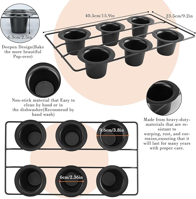 Non-Stick Popover Pan with 6 Cups, Heavy Duty Carbon Steel Yorkshire Pudding Tray, Oven Safe Baking Mold for Muffins, Canel茅, Air Fryer Compatible, Dishwasher Safe