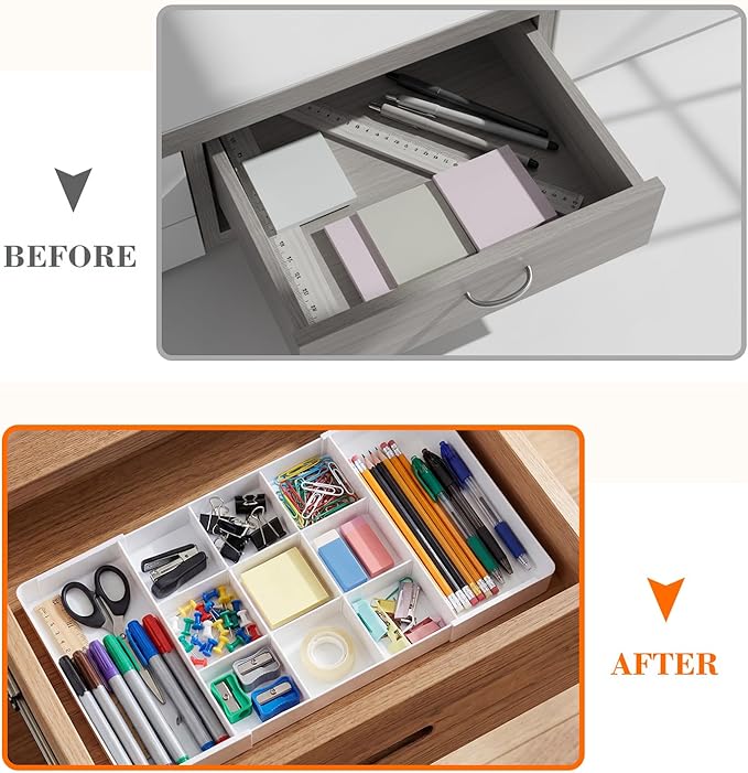 Briwooody 1 Pcs Large Expandable Acrylic Drawer Organizers, Grid Adjustable Drawer, Dividers Organizer for Desk, Makeup, Jewelry, Office, Kitchen Supplies (White,11 Compartments)