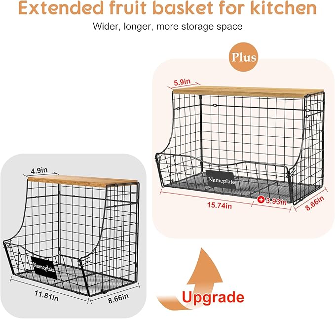 3 Pack Extra Large Fruit Basket for Kitchen with Wood Lid Nameplate - Counter&Wall Mounted Onion and Potato Storage Bin, Stackable Metal Hanging Wire Baskets,15.74 * 8.66 * 10.63 inch