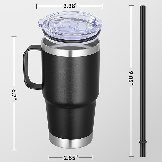 20 oz Stainless Steel Tumbler with Handle Bulk Metal Insulated Tumblers Travel Coffee Mug with Handle Double Wall Tumbler Cup with Lid and Straw, Black 6 Pack