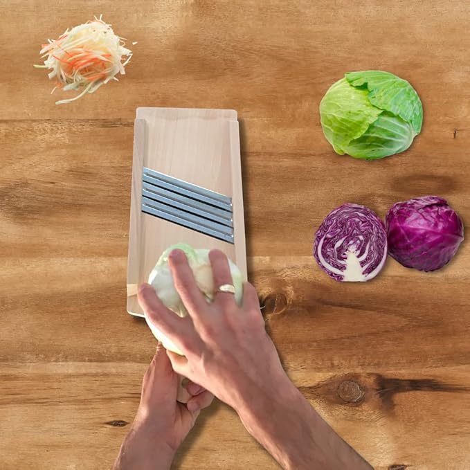 Wooden Cabbage Shredder, Vegetable Slicer for Food Preparation, Sauerkraut, Coleslaw, Salads. Pre-Oiled. Three Blades. A Cut Resistant Glove.
