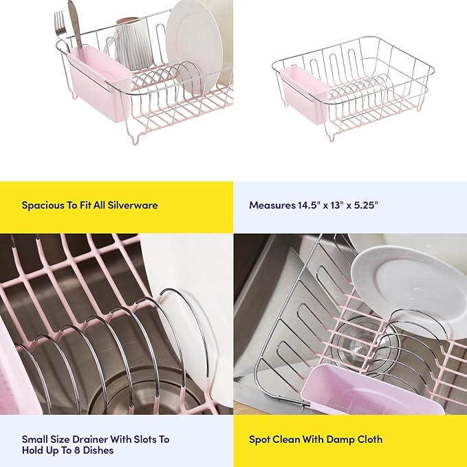 Dish Drying Rack & Cutlery Holder 2 Piece Set - Compact Sink-Fitting Dish Drainer with Rubberized Undercoating, Space-Saving Kitchen Organizer for Plates, Cups, Bowls & Utensils in Sink, Pale Pink