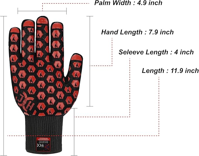 J H Heat Resistant Oven Glove:EN407 Certified 932 °F, 2 Layers Silicone Coating, Oven Mitts for Cooking, Kitchen, Fireplace,Camping, Grilling (Black/Red, Regular Cuff (Upgrade Comfortable FIT))