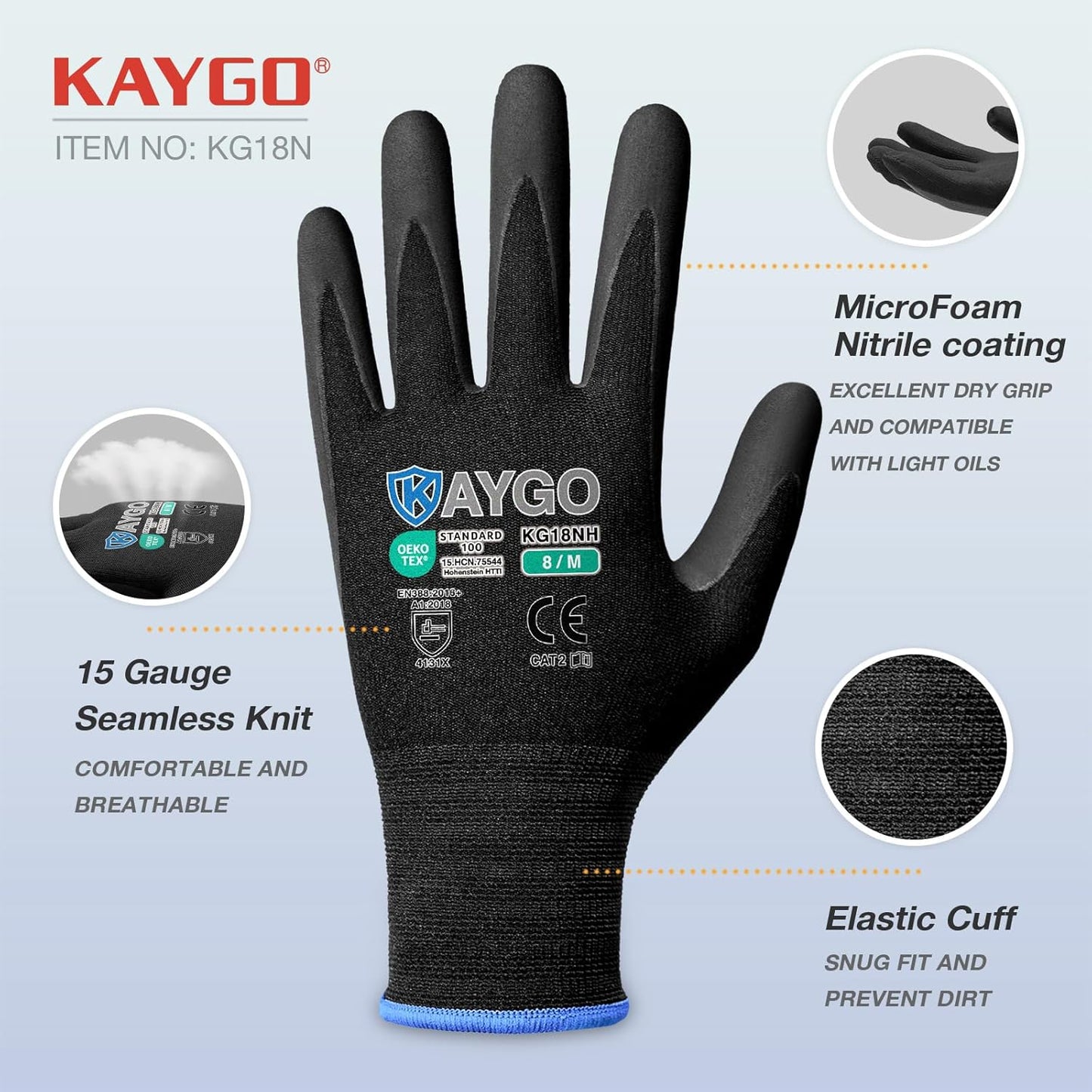 KAYGO Safety Work Gloves MicroFoam Nitrile Coated, 3 Pairs KG18NB,Seamless Knit Nylon Glove with full fingers Touchscreen, Ideal for Automotive,Warehouse,Construction (XL, Black)