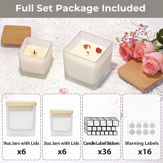 CONNOO 12 Pack 9oz, 3oz Frosted Square Candle Jars for Making Candles, Thick Glass Bulk Empty Candle Containers with Airtight Bamboo Lids for Candle Making, Sticky Warning Labels - Dishwasher Safe