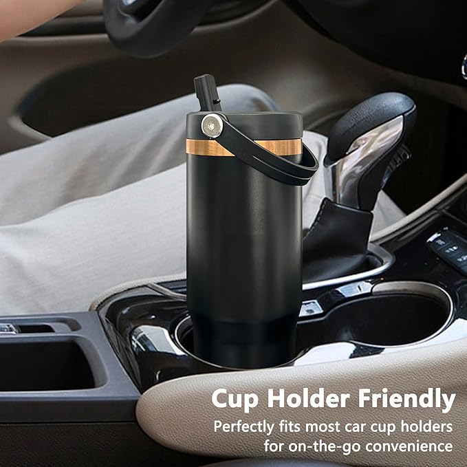 30 oz Tumbler with Handle and Straw, Vacuum Insulated Tumblers with Flip Straw and Top Handle, Leakproof Powder Coated Tumbler, Stainless Steel Travel Mug for Coffee Water (Black, 1 Pack)