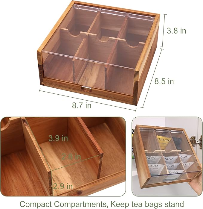 HTB Acacia Wood Tea Bag Organizer Storage, Gift Box 6 Compartments Tea Chest Box with Acrylic Transparent Hinged Lid