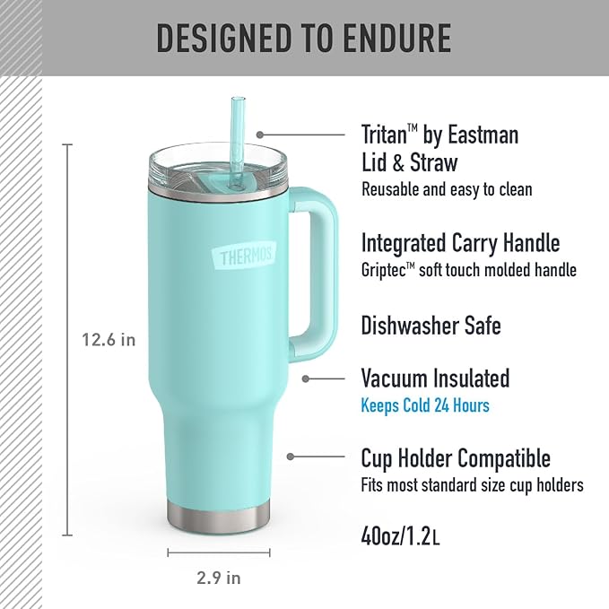 THERMOS Stainless Steel Cup Holder Mug - 40 Ounce, Sea Green - Insulated Tumbler with Lid and Straw, Plus Leak-Resistant Slide Lock