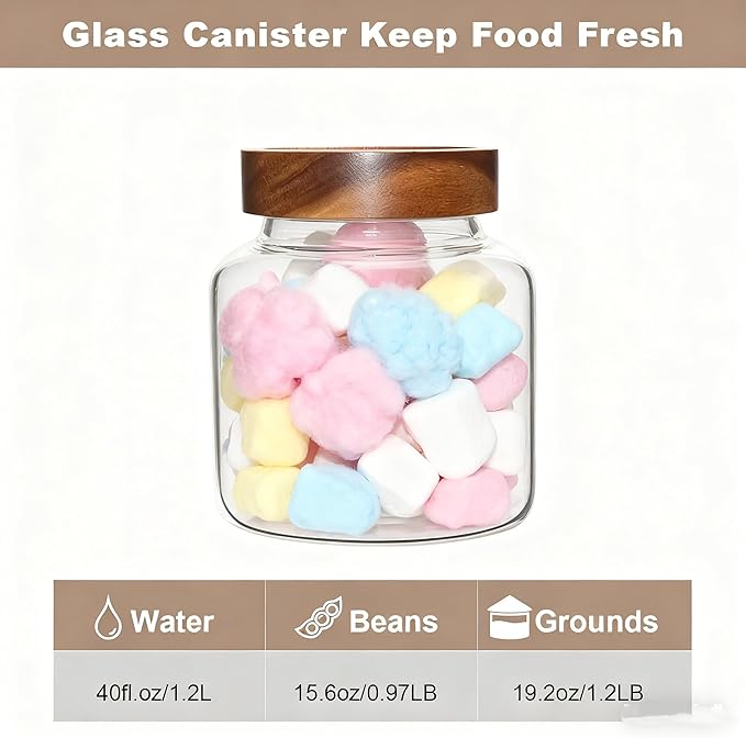 40 oz Glass Jars with Wooden Airtight Lid Herb Spice Canister Round Clear Glass Food Storage Container for Pantry Sugar Tea Coffee Bean Spice Cookies Bath Salts (1200ml/40oz-1 Pack)