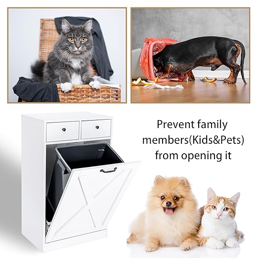 13 Gallon Tilt Out Trash Cabinet with 2 Drawers Wood Hidden Kitchen Recycling Cabinet Free Standing Pet Proof Trash Can Laundry Cabinet for Kitchen (White)
