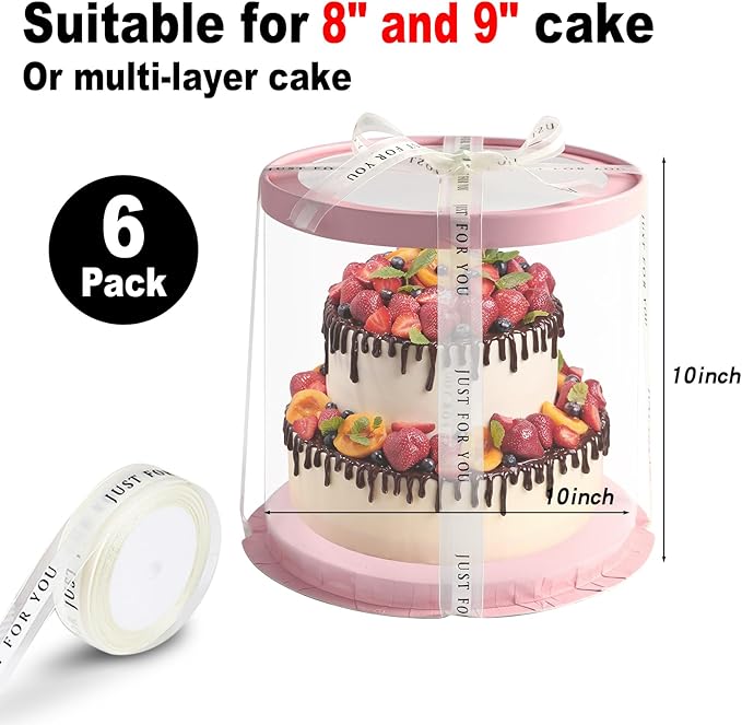JCD Pink Multi-Layer 10 * 10 Inch Round Clear Cake Boxs with Ribbon,6 Pack Tall Transparent Packaging Cake Containers PET Cake Carrier Box for Birthday (Pink, Round 10inch/6pcs)