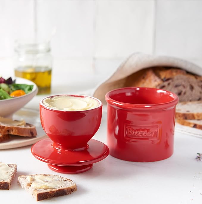 Butter Bell - The Original Butter Bell crock by L Tremain a Countertop French Ceramic Butter Dish Keeper for Spreadable Butter Café Matte + Retro Collection & Steel Gray + Maraschino Red Glossy Finish