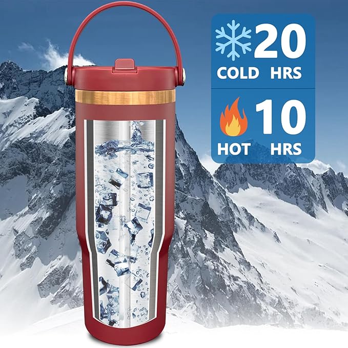 30 oz Tumbler Bulk with Handle and Straw, Vacuum Insulated Tumblers with Flip Straw and Top Handle, Leakproof Powder Coated Tumbler, Stainless Steel Travel Mug for Coffee Water (Red, 8 Pack)