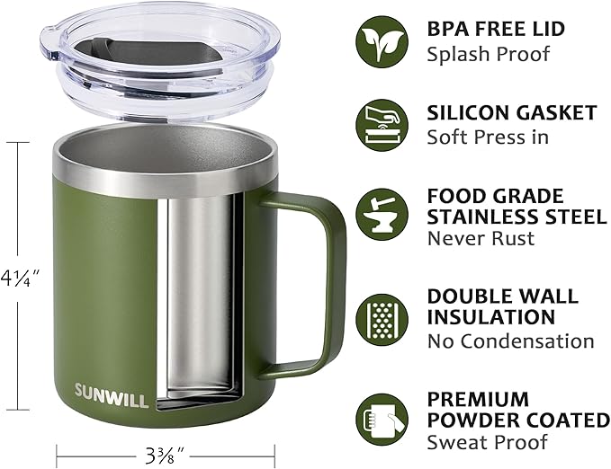 SUNWILL Travel Coffee Mug with Lid, Insulated Tumbler with Handle, 14 oz Stainless Steel Cup for Camping, Office, Home, Powder Coated Olive