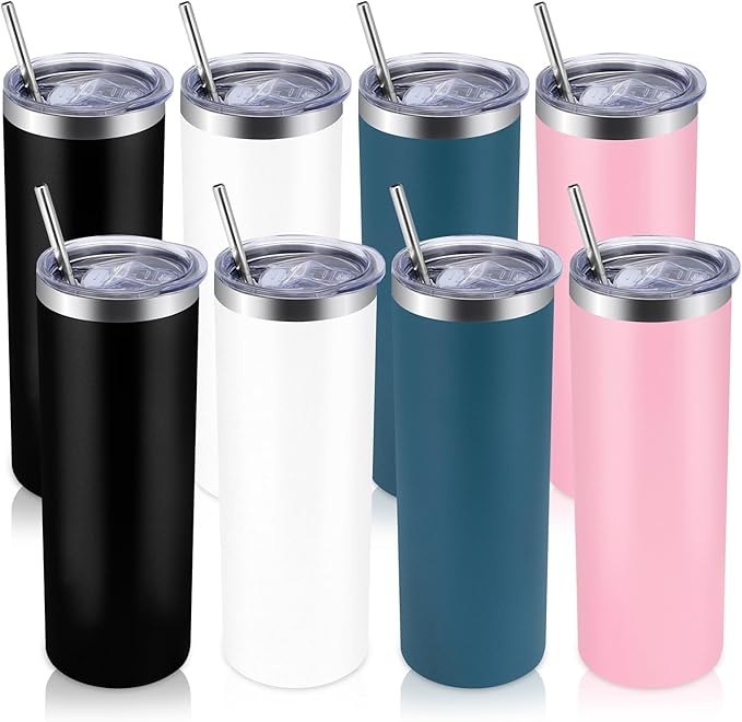 Volhoply 8 Pack Skinny Tumblers with Lid and Straw, 20oz Stainless Steel Straight Tumbler Bulk, Vacuum Insulated Coffee Mug for Home, Office, Travel, DIY (Mix,8 Pack)