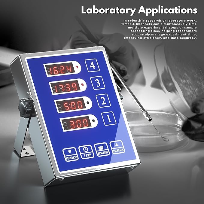 Commercial Kitchen Timer with 4 Channels, Digital Timer for Cooking, Loud Alarm Volume +/-, Food Truck Restaurant Supplies, Heavy Duty Stainless Steel Large Timers, Waterproof Panel & Memory Function