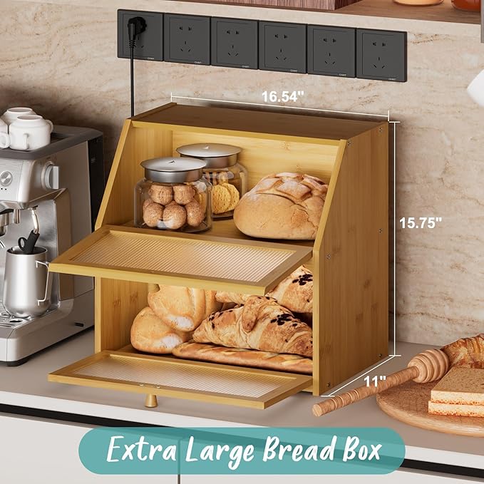Extra Large Bread Box for Kitchen Counter, Bamboo Wood Double Layer Bread Box for Kitchen Counter, Wooden Capacity Bread Storage Bin