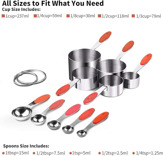 U-Taste 18/8 Stainless Steel Measuring Cups and Spoons (Set of 10, Red), and 18/10 Stainless Steel Balloon Whisk for Kitchen Cooking with 12 Flex Wires (Red)