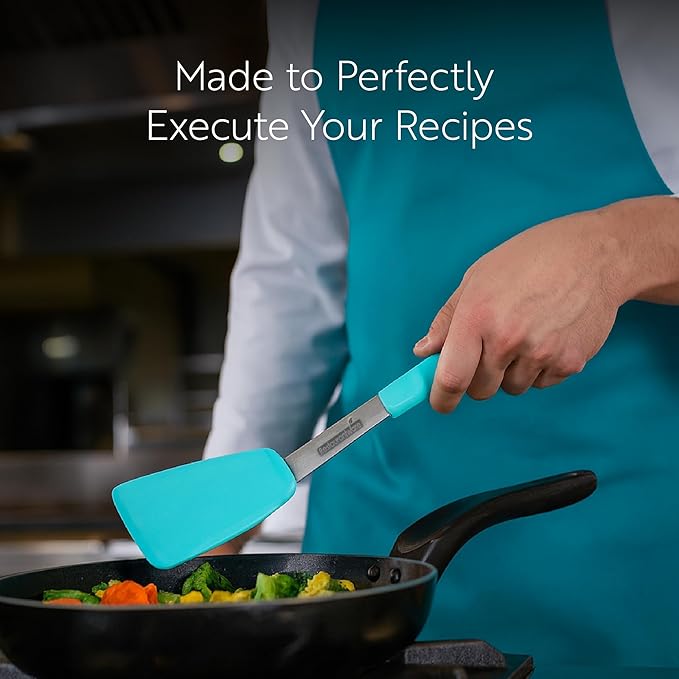 Restaurantware Comfy Grip 13.3 x 4 Inch Silicone Turner 1 Durable Cooking Turner - Stainless Steel Body Rubber Handle With Hole Red Silicone Flipper Spatula Tolerates Up To 446F Dishwashable