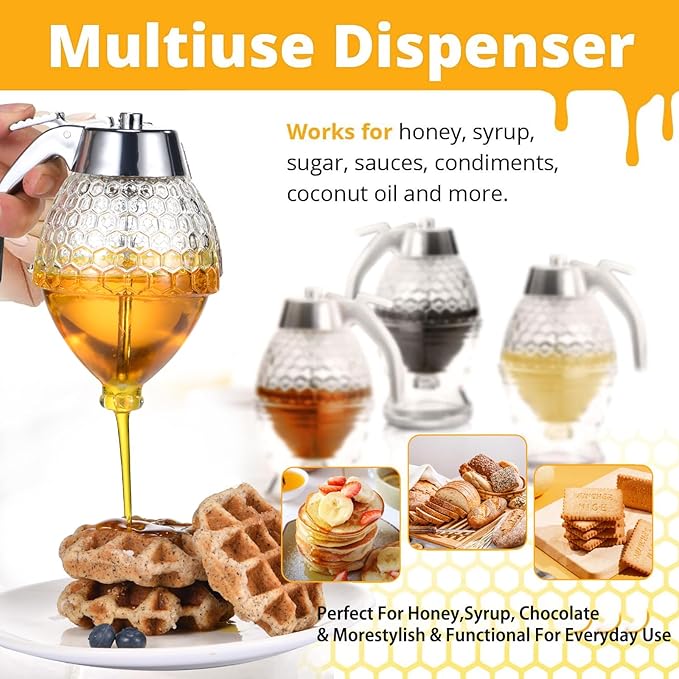 Glass Honey Dispenser 8 Ounces - Drip-Free Honey Jar With Glass Stand, Kitchen Leak-Proof Syrup Dispenser, Elegant Honeycomb Design For Storing Honey, Maple Syrup And Coffee Syrup