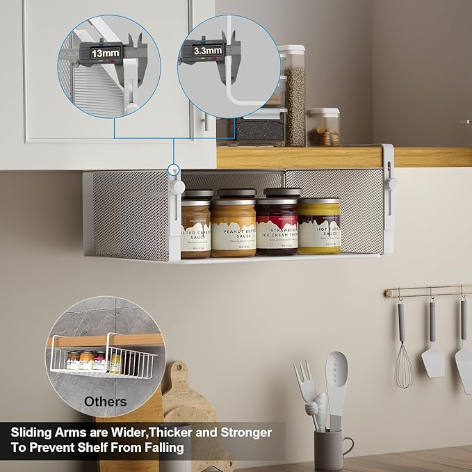 AmonHouseware 2Pack Under Shelf Basket Organizer,Adjustable Hanging Holder for Cabinet Pantry Kitchen Cupboard Desk Counter Bookshelf Organization Add-on Space Saver Heavy Duty Slide-in (White, Large)