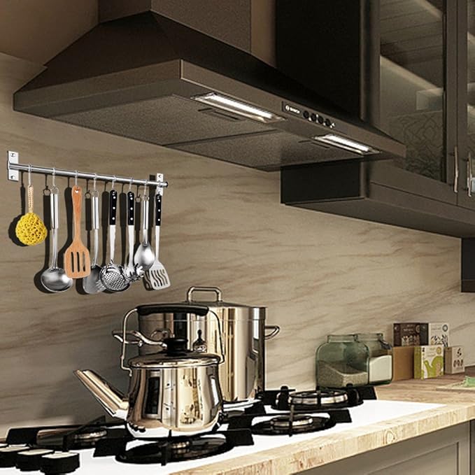 Kitchen Sliding Hooks, Stainless Steel Hanging Rack Rail Organize Kitchen Utensil Removable S Hook for Towel, Spoon, Coats, Bathrobe, BBQ,Wall Mounted Hanger (10 Hooks 23.6In)
