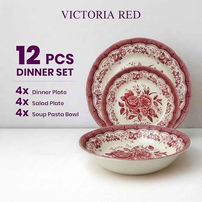Tudor Royal 12-Piece Round Porcelain Dinnerware Set, Service for 4 - Victoria RED Design, Red Floral, Plates Bowls Dishes, Premium Quality Tableware, Unique Pattern, Glossy