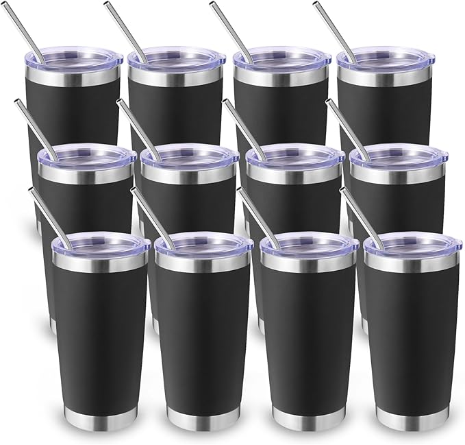 Volhoply 20oz Stainless Steel Tumbler with Lid and Straw Bulk 12 Pack,Double Wall Insulated Travel Iced Coffee Mug Fits Cup Holder,Powder Coated Cups for Hot/Cold Drinks,Christmas Gifts（Black,12 Set）