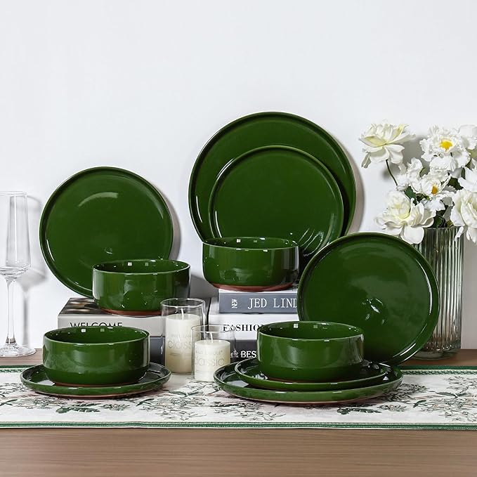 GZG Ceramic Dinner Plates Set of 4, 10.25 Inch Speckled Stoneware Plates with Clay-Tone Base, Large Ceramic Plates for Steak, Salad, Pizza, Microwave Oven Dishwasher Safe