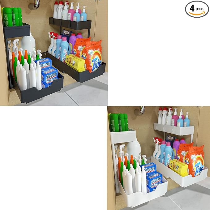 L shape Under Sink Organizers with 2 Pack of Black and 2 Pack of White，Sliding L-shape Cabinet Organizers Narrow Space Storage Multi-purpose Sink Organizer for Bathroom Kitchen Drawer