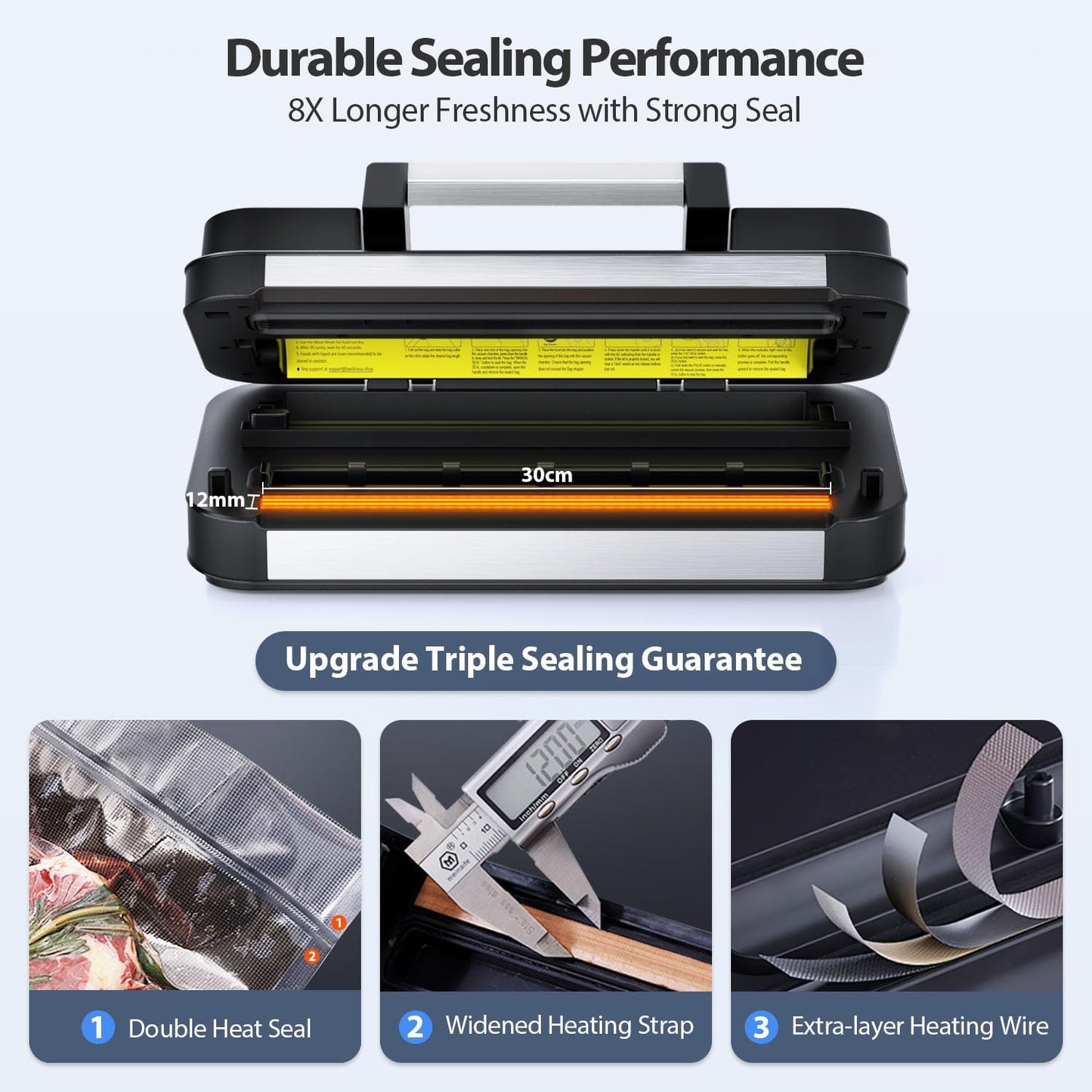 95Kpa Powerful Precision Pro Vacuum Sealer, with 10-in-1 Functions, Easy-Lock Handle, Double Heat Seal & Double Pump, Vacuum Sealer Machine for Food with Bags Storage, Built-in Cutter, Stainless Steel