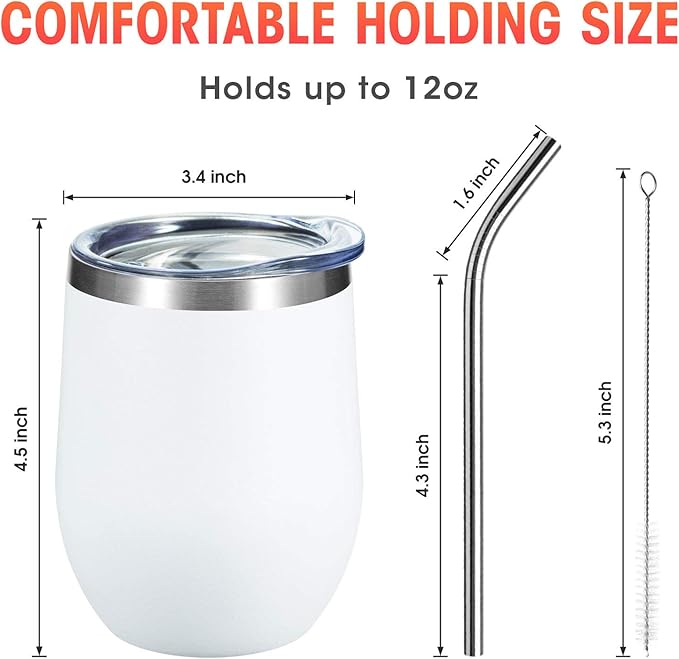 COMOOO Stainless Steel Wine Tumbler with Lid and Straw 12oz Double Wall Vacuum Insulated Travel Tumbler Cup for Coffee, Wine, Cocktails, Champagne (Black White Silver and Rose Gold,8 Pack)