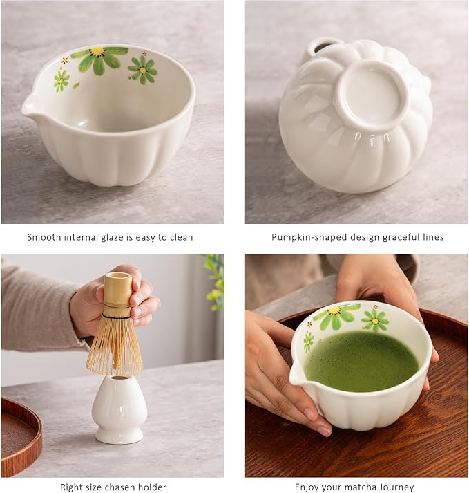 TANG PIN Premium Matcha Set - Traditional Japanese Matcha Making Kit with Spout Bowl (Chawan), Bamboo Whisk (Chasen) & Holder Stand - Complete Matcha Maker Starter Tools for Matcha Tea & Latt (Daisy)
