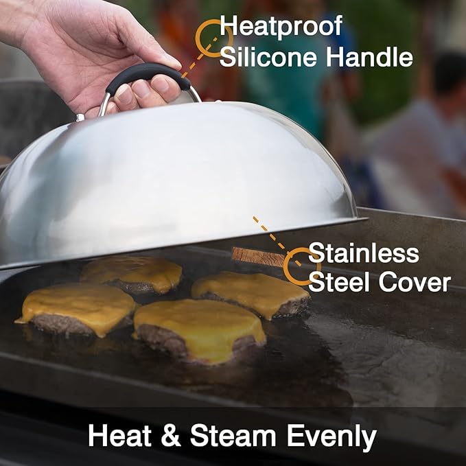 SHINESTAR Cast Iron Griddle Press with 12-Inch Melting Dome for Blackstone, Perfect for Bacon, Burger, Panini, Come with 20-Pack Grease Cup Liners