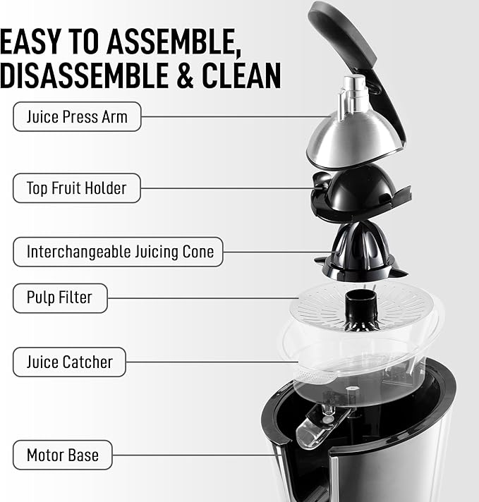 Zulay Electric Citrus Juicer - Makes Fresh Orange, Lemon, Grapefruit, Lime Juice - Stainless Steel, 160W Powerful & Quiet, Interchangeable Cones -Filters Out Seeds & Pulp- Dishwasher Safe Parts- Black