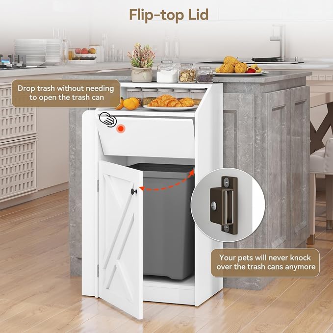Trash Bin Cabinet, 10-Gallon Freestanding Waste Bin with Flip Door and Storage Rack, Indoor Wooden Hidden Garbage Cabinet, for Kitchen, Dinning, White