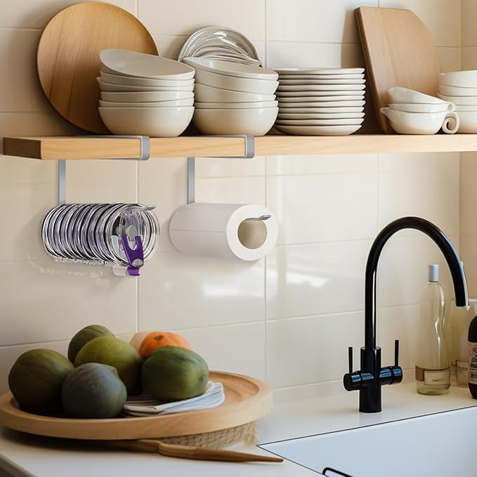 2 Pack Tumbler Lid Organizer, Horizontal Tumbler Lid Storage Hook to Hold Up 20 Lids, Space Saving Cup Lid Holders Under Cabinet Tumbler Lid Hook for Kitchen Organizer, Paper Towel Rack Hanger (Gray)