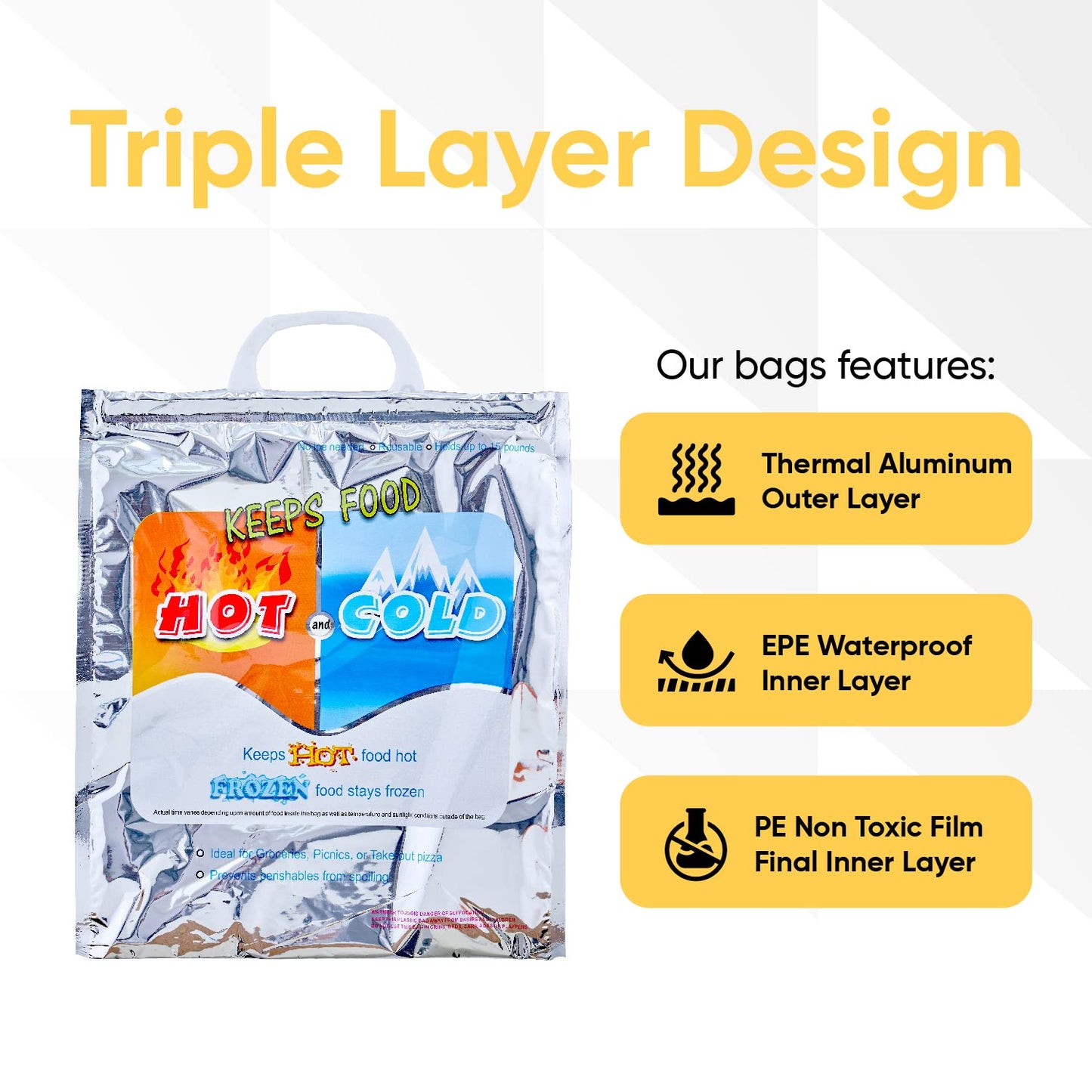 Superio Hot and Cold Insulated Bags for Food Delivery, Grocery Shopping Bags, Food Storage for Hot and Frozen Food for Travel, Disposable Cooler Bag, Reinforced Thermal Lunch Bag (1, 16"x19.25")