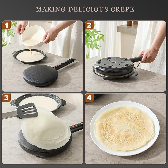 Electric Instant Crepe Maker, 8 Inch Portable Electric Crepe Maker Machine & Non-Stick Coating, On/Off Switch & Automatic Temperature Control, Compact Crepe Maker, Black