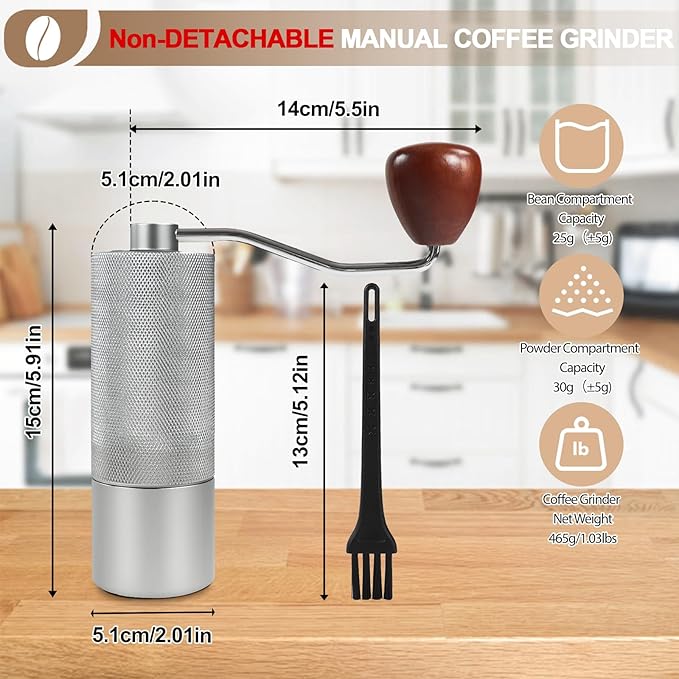 Non-Detachable Manual Coffee Grinder with 25 Level Stainless Steel Conical Burr Portable Aluminum Coffee Bean Grinder Gift Set Suitable for Moka Pot Espresso Pour Over Easy Cleaning with Brush