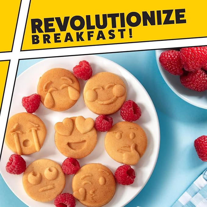 Mini Emojis Waffle Maker for Mother's Day Breakfast- Make 7 Unique Smiley Face Waffles Pancakes for Kids- Electric Non-Stick Iron Feat Kiss Face Heart Eyes & Smile w Recipe Guide- Licensed by Emoji