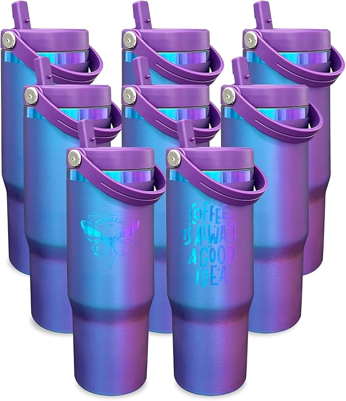 30 oz Tumbler Bulk with Handle and Straw, Vacuum Insulated Tumblers with Flip Straw and Top Handle, Leakproof Powder Coated Tumbler, Stainless Steel Travel Mug for Coffee (BluePurple, 8 Pack)