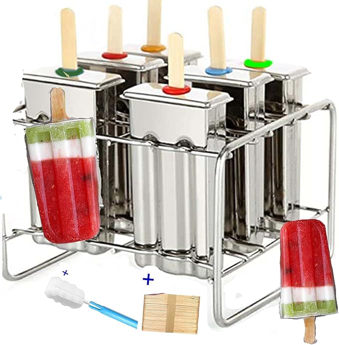 Stainless Steel Popsicle Molds and Rack - BPA Free Ice Pop Maker with Wooden Sticks