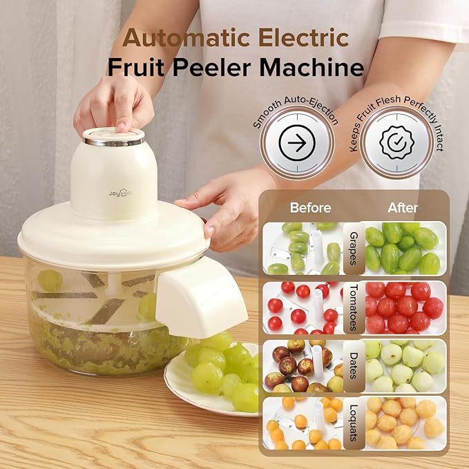 JOYHILL Electric Grape Peeling Machine, Automatic Fruit and Garlic Peeler for Grape Tomato Cherry, 50W Motor with Stainless Steel Blades, Rechargeable Cordless Kitchen Peeling Tool (White-1PC)
