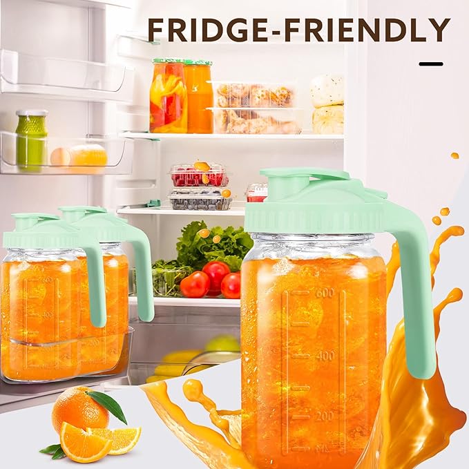 Mihlapi Glass Pitcher with Lid, 64 OZ Mason Jar Pitcher Double Leak Proof, 2 Quart Breast Milk Storage Containers for Fridge, Wide Mouth Glass Jar for Sun Tea, Juice, Cold Brew Coffee