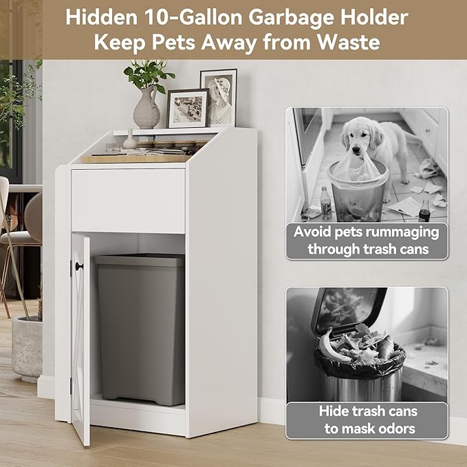 Trash Bin Cabinet, 10-Gallon Freestanding Waste Bin with Flip Door and Storage Rack, Indoor Wooden Hidden Garbage Cabinet, for Kitchen, Dinning, White