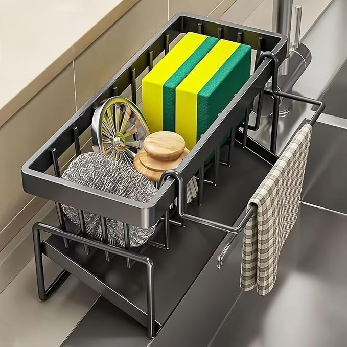 Carbon Steel Kitchen Sink Caddy, Sponge Holder Self Drain Soap Dish with Detachable Dishcloth Rack for Kitchen Countertop Organizer, Black