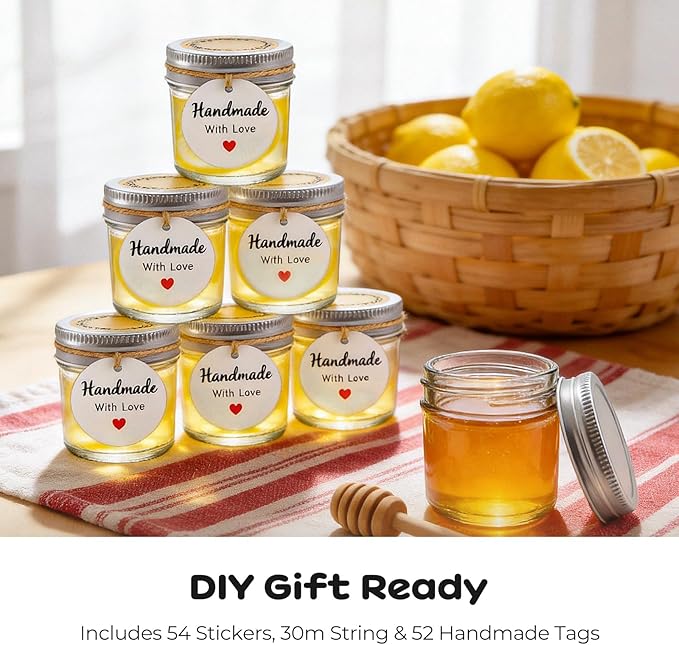 48 Pack 2 oz Small Mason Jars, Mini Glass Jars with Lids for Jam Ginger Shots Honey Spices Wedding Favors, Includes Labels, String & Handmade Tags